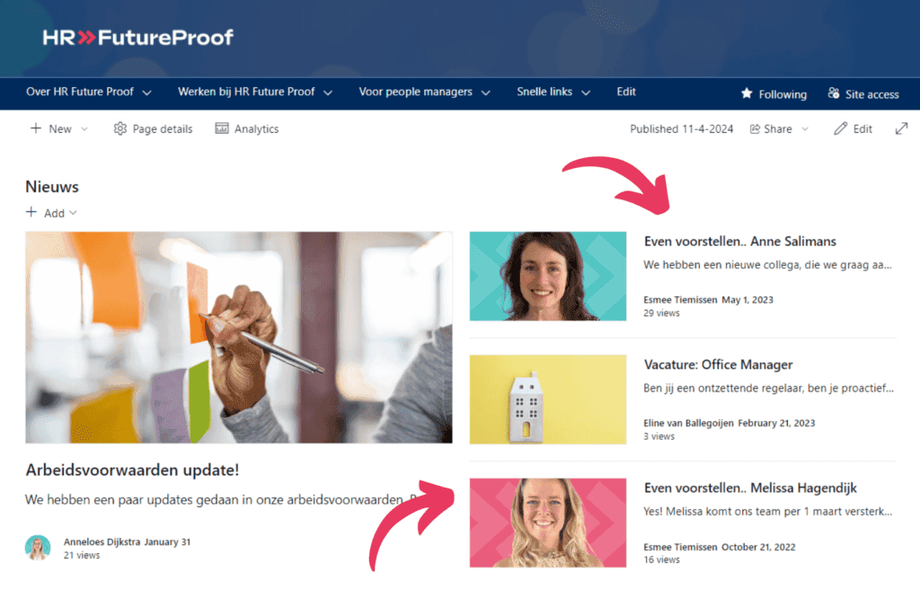 Nieuwe collega's aankondigen op SharePoint