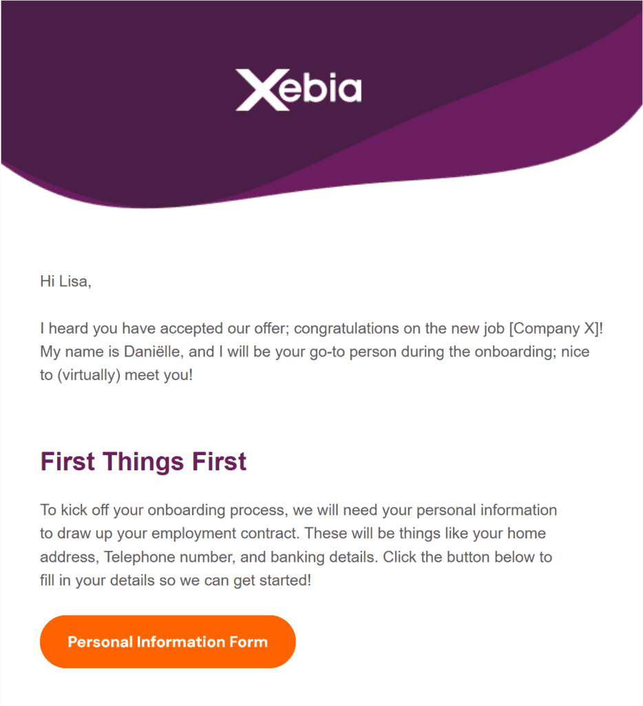 Xebia logo op onboarding e-mail voor HR Future Proof.