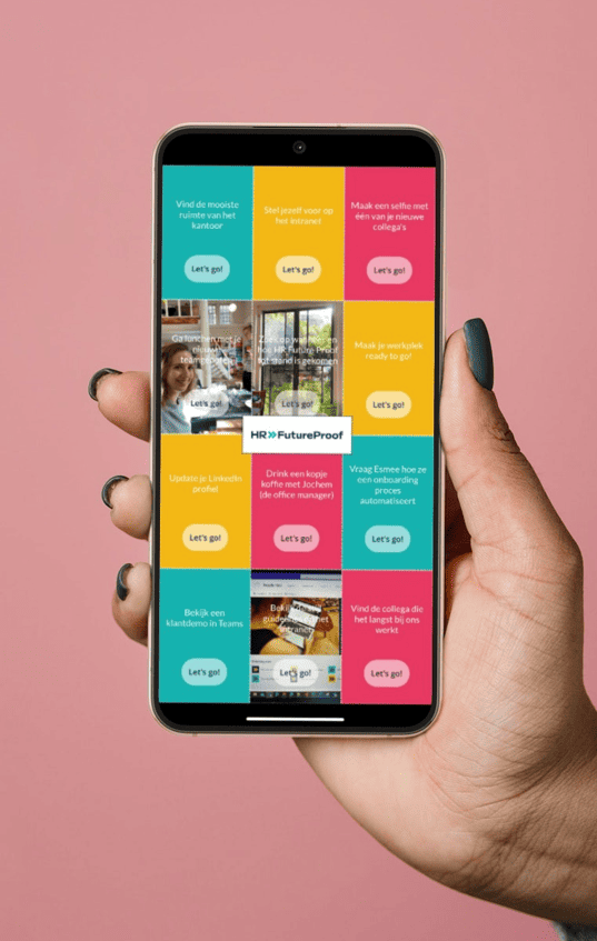 Eerste werkdag onboarding bingo op telefoon
