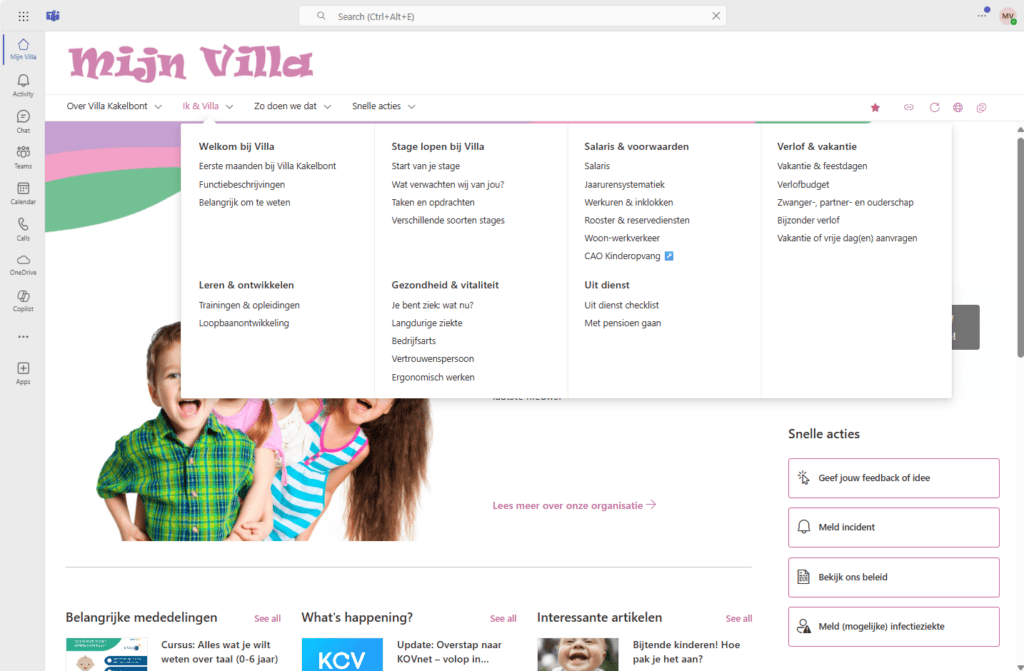 Drop down menu met HR zaken binnen Villa Kakelbont.
