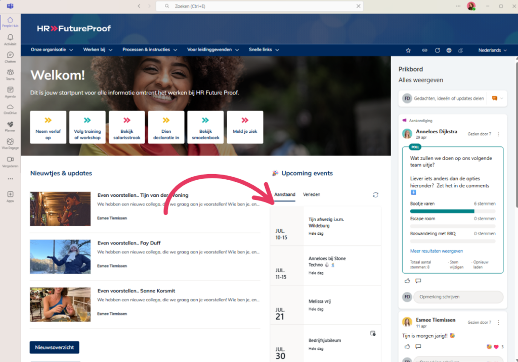 Vakantie kalender in de homepagina van onze People Hub
