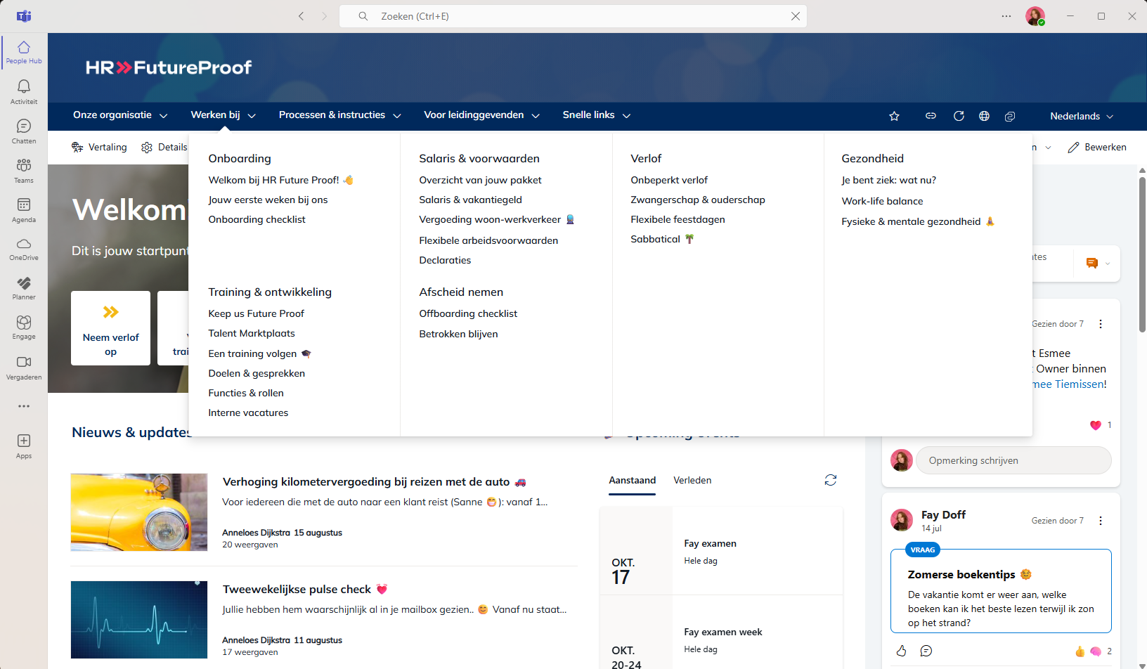 HR Future Proof SharePoint in Teams met een dropdown menu